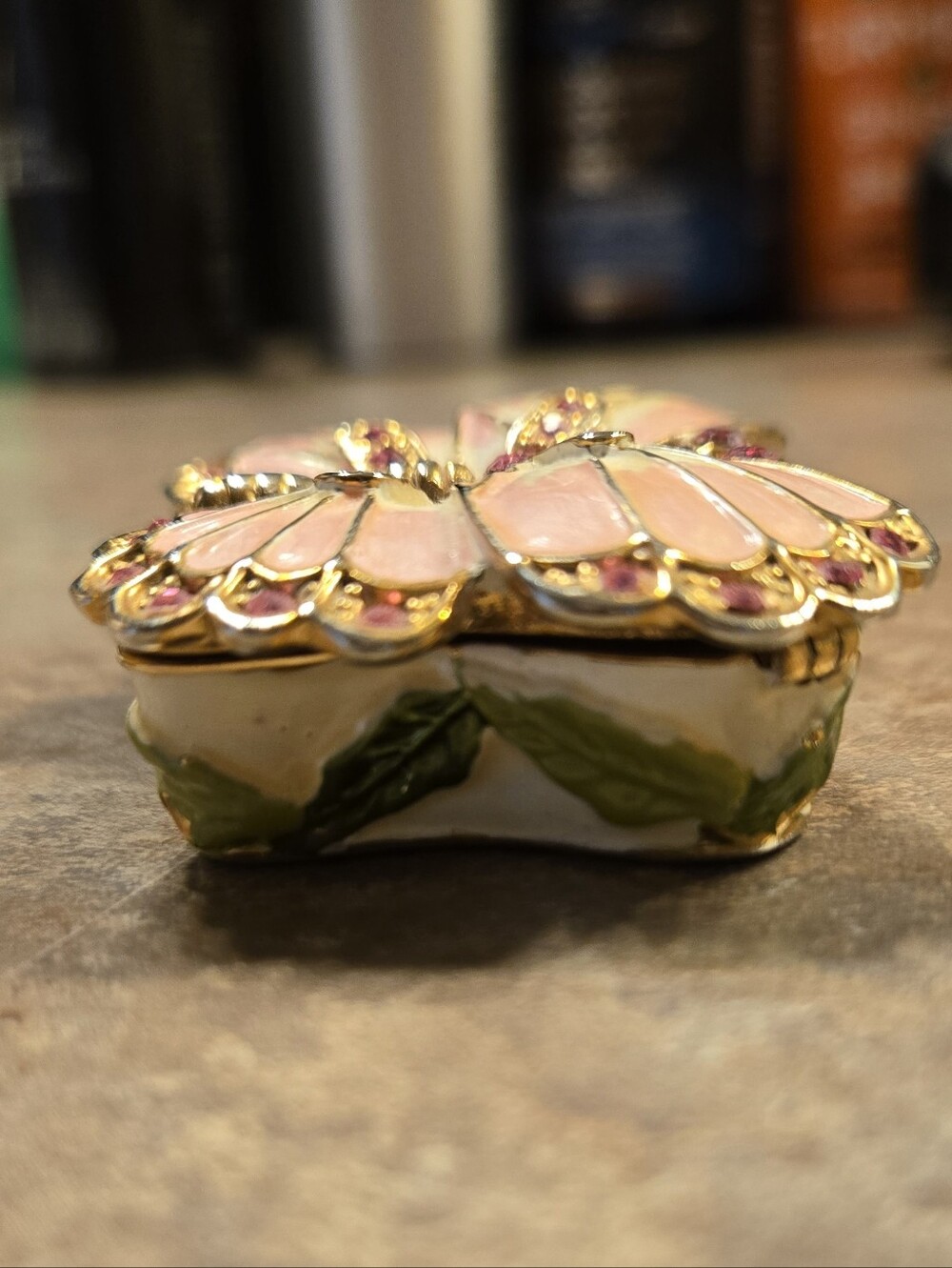 Gold Tone Pink Butterfly Trinket Box with Pink Crystals - Picture 4 of 7